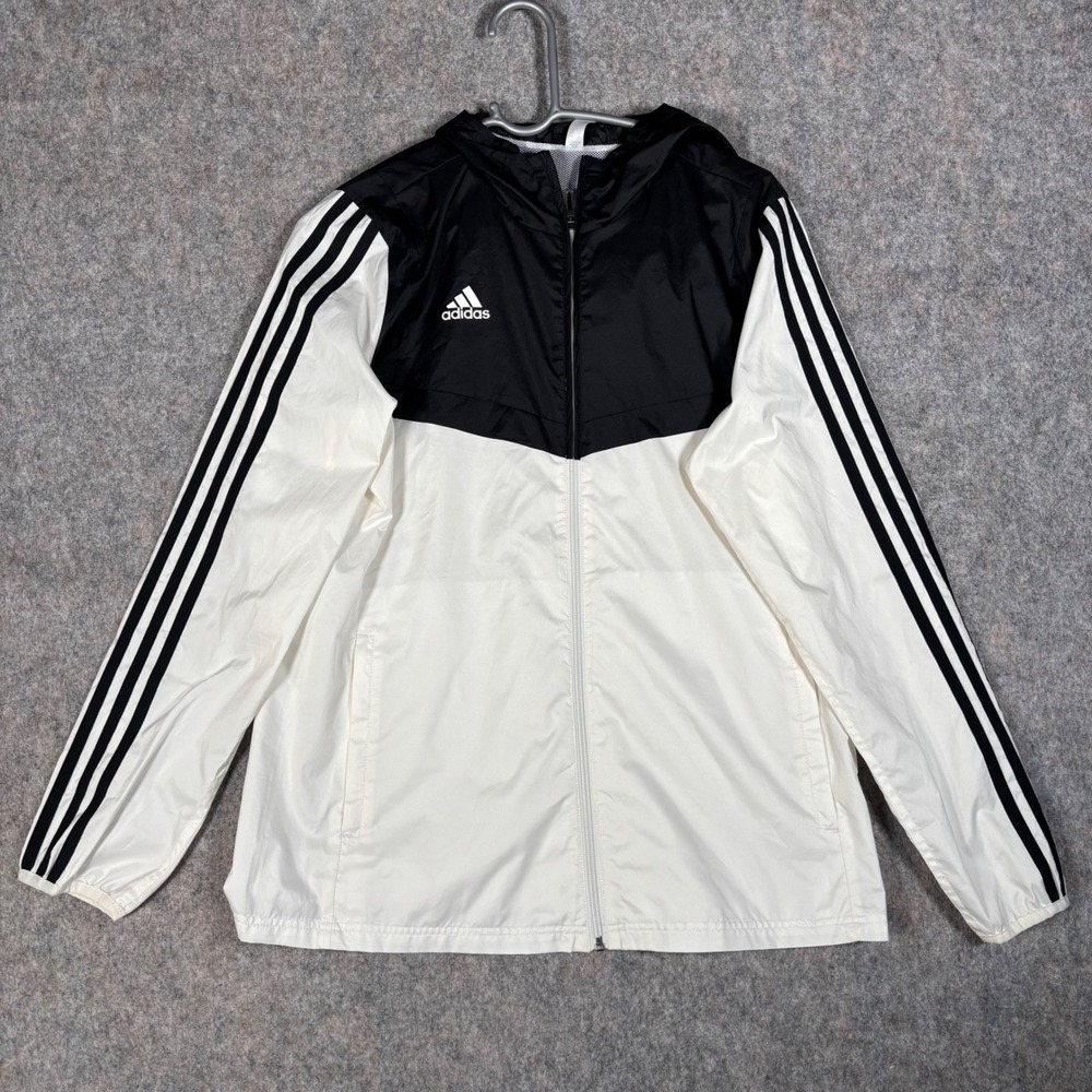 Adidas Windbreaker Jacket Mens M White Black Full Zip Hooded Track Streetwear